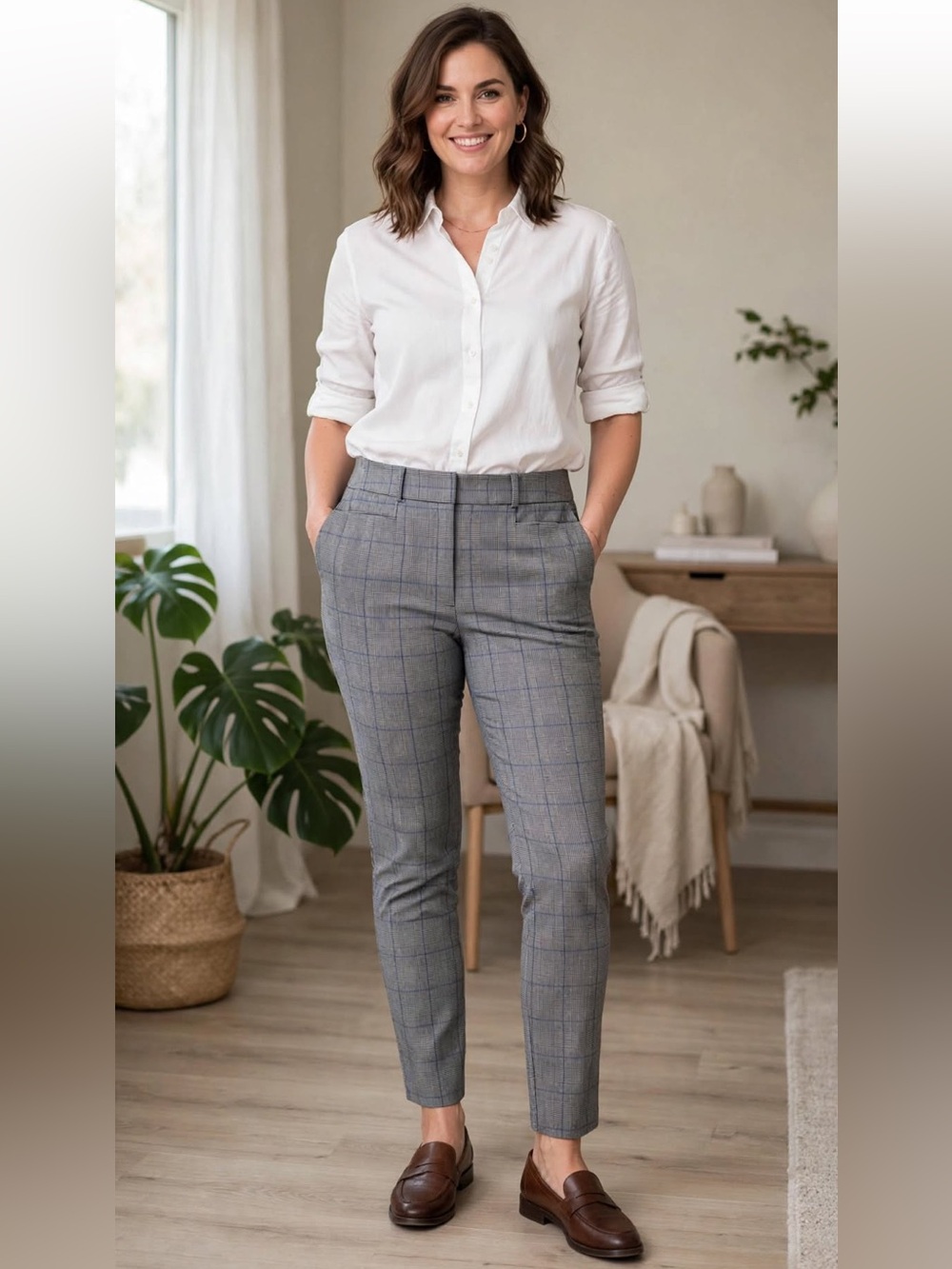 LOFT Gray Plaid Straight-Leg Pants with Blue Windowpane